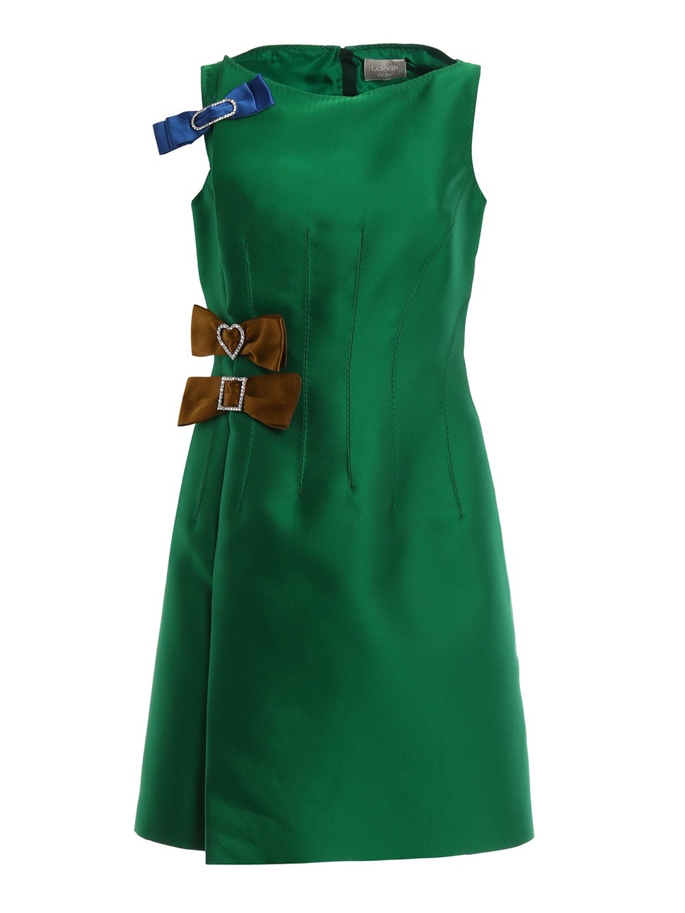 Lanvin Emerald Green Sleeveless A-Line Dress with Blue and Brown Bow Accents